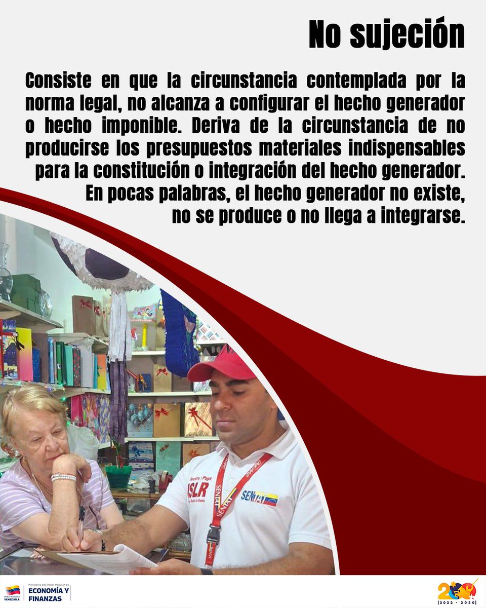 SENIAT_Oficial's tweet photo. ¿Sabes qué significa la "No Sujeción" tributaria? 🇻🇪❤️

No todo acto económico genera una obligación con el fisco. La no sujeción ocurre cuando una actividad simplemente no entra en la definición legal del hecho imponible.

#Seniat #Venezuela https://t.co/gVMYxQ0xRx