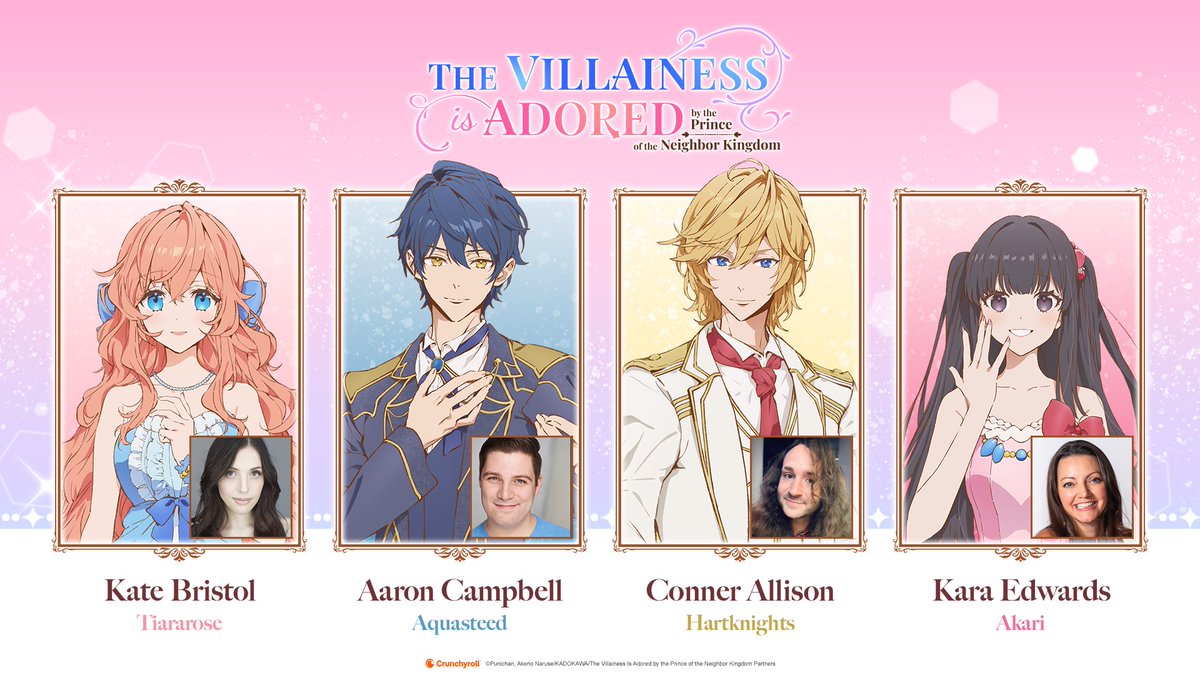 The first episode of ‘The Villainess is Adored by the Prince of the Neighbor Kingdom’ is now streaming on <a href="/Crunchyroll/">Crunchyroll</a> ! 

I’m thrilled to be playing Aquasteed alongside Kate Bristol as Tiararose, <a href="/ConnerAllisonVA/">Conner VA™️✖️🍉</a> as Hartknights, and <a href="/karaedwards/">Kara Edwards</a> as Akari!