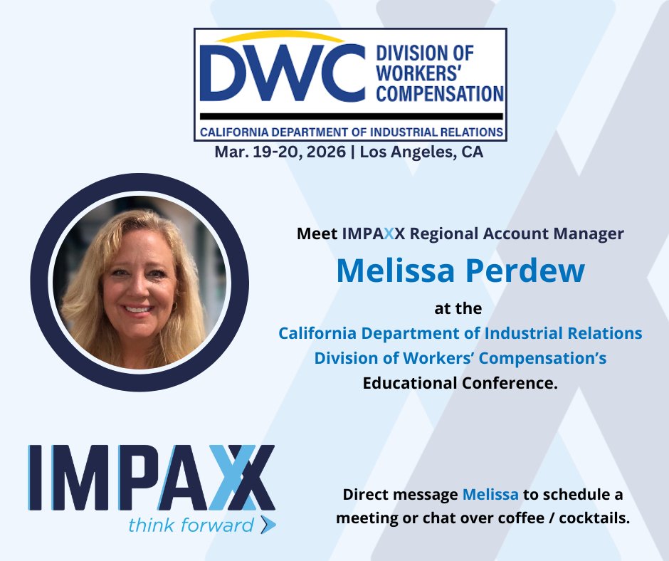 Join Melissa Perdew in Los Angeles for the California Department of Industrial Relations Division of Workers' Compensation's Educational Conference. Be sure to stop by the IMPAXX booth to discuss all of your #workerscompensation inquiries.

tinyurl.com/34xaxehp