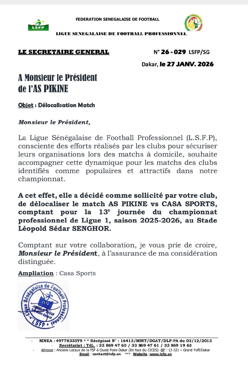 totalsport221's tweet photo. Ligue 1 🇸🇳: 13e Journèe
Le match As pikine/ Casa sports delocalisè au stade🏟 Léopold Sédar Senghor . Cette rencontre est prévue ce dimanche 01 février. #aspikine🟢🔴✌🏾 #casasports #ligue1sn🇸🇳 #footlocalsn https://t.co/vuLbGCh1SN