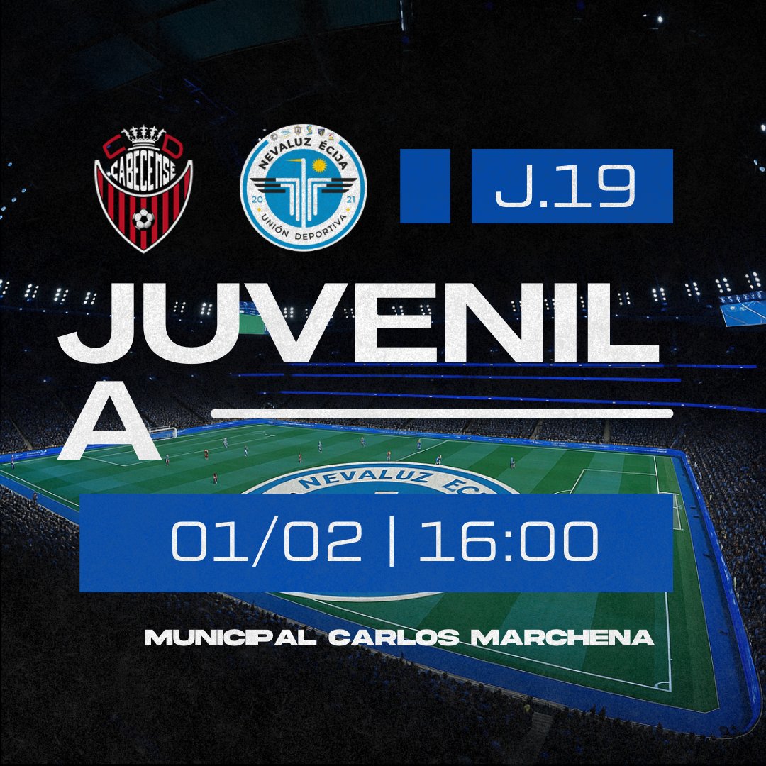 HORARIOS  | 
 Cerramos la agenda con el Cadete A y nuestros Juveniles. Atentos al domingo con el Juvenil A. 👇
CADETE A
✈️ Sáb 12:00 | 🆚 J.D. Gines
JUVENIL B
🏠 Sáb 17:30 | 🆚 U.D. Morón
JUVENIL A
✈️ Dom 16:00 | 🆚 C.D. Cabecense
 ¡Mucha suerte equipo! 💙🤍
#NevaluzEcija