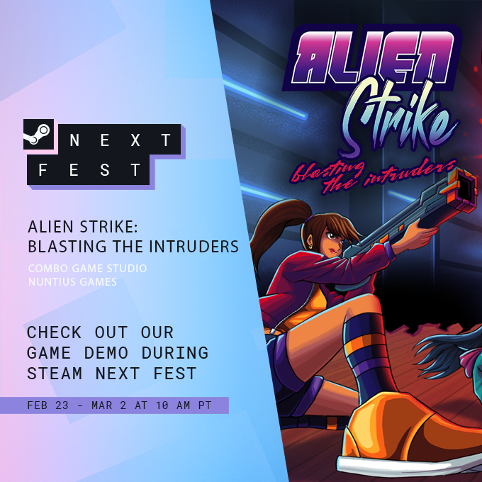 ComboGameStudio's tweet image. Alien Strike estará no próximo Steam Next Fest!! Não percam! Teremos conteúdo exclusivo para a nova demo!

  Alien Strike will be at the next Steam Next Fest!! Don't miss out! We'll have exclusive content for the new demo!  #steamnextfest #Steam #gamebr #gamedev