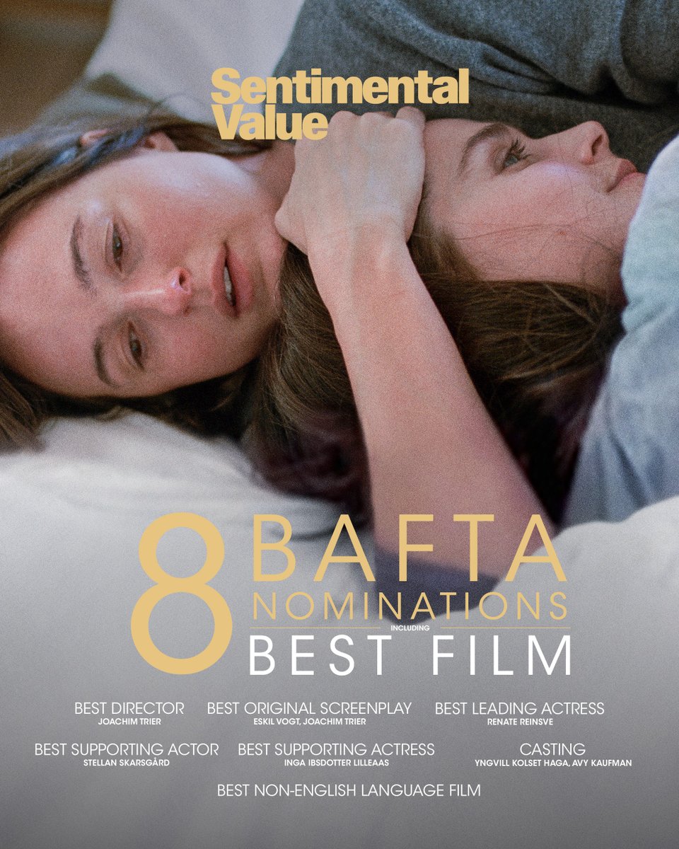 SENTIMENTAL VALUE has been nominated for 8 #EEBAFTAs including...

🏆 Best Film
🏆 Best Director
🏆 Best Original Screenplay
🏆 Best Leading Actress
🏆 Best Supporting Actor
🏆 Best Supporting Actress
🏆 Best Casting
🏆 Best Film Not In The English Language