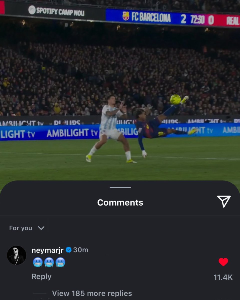 Neymar Jr's reaction to Lamine Yamal's bicycle kick: "🥶🥶🥶"