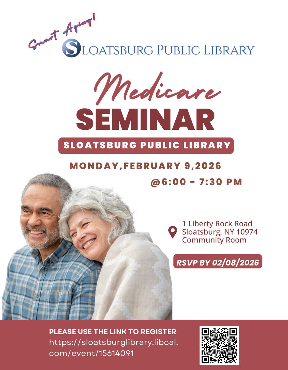 If you are on the cusp of 65 or assisting someone enrolled in Medicare, this seminar will help you make informed decisions.

Join us at the #sloatsburglibrary on Monday. February 9, at 6pm to learn all about Medicare!

Refreshments will be served.

#sloatsburg #suffern #hillburn