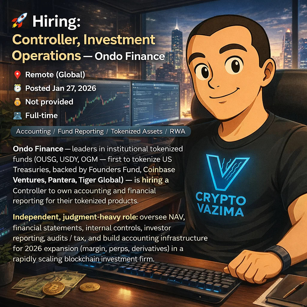 🚀 Hiring: Controller, Investment Operations — Ondo Finance 📍 Remote  (Global) | 💼 Full-time | 🧑‍💻 Accounting / Fund Ops | 💰 Not provided |  🕐 Posted Jan 27, 2026 Ondo Finance (