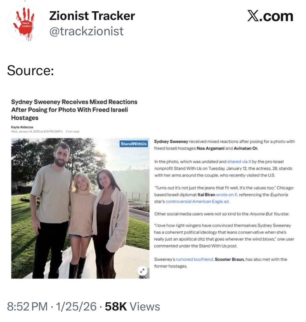 MarinaMedvin's tweet image. The Jew-haters are going after Sydney Sweeney because she met two hostage survivors.

It’s not about land. Never has been.