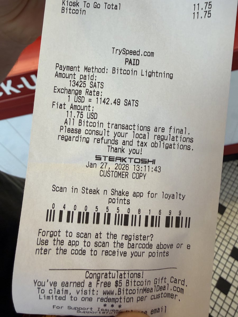 Buying a #Bitcoin meal with sats @SteaknShake never gets old ⚡️