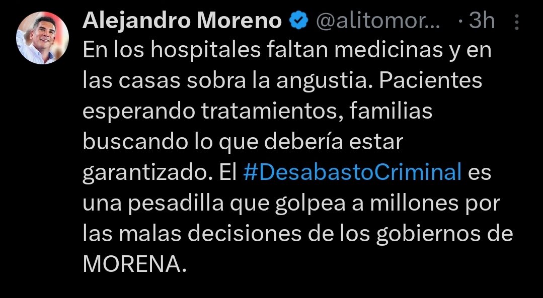 Sale el corrupto de <a href="/alitomorenoc/">Alejandro Moreno</a> a decir que no hay medicinas, pero calla que el gobierno priista de <a href="/EPN/">Enrique Peña Nieto</a> dejó 326 hospitales inconclusos y jamás habla del Cártel de las Medicinas, encabezado por el priista <a href="/RobertoMadrazo_/">Roberto Madrazo</a>. Cínicos. Sinvergüenzas criminales de la salud.