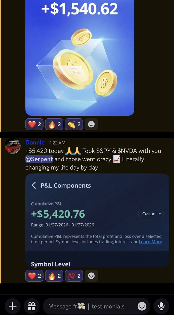 serpenttrades's tweet image. LIFE CHANGING DAY INSIDE SERPENT TRADING DISCORD SERVER

$NVDA 1.46 -&amp;gt; 2.93 ✅ 100%+ 
$SPY 0.32 -&amp;gt; 0.44 ✅ 50%

EXACT ENTRY + EXITS CALLED OUT &amp;amp; CHART SETUP WAS GIVEN DAY BEFORE

THIS IS WHY WE ARE THE #1 OPTIONS TRADING DISCORD 🌎🏆

whop.com/serpent-trading