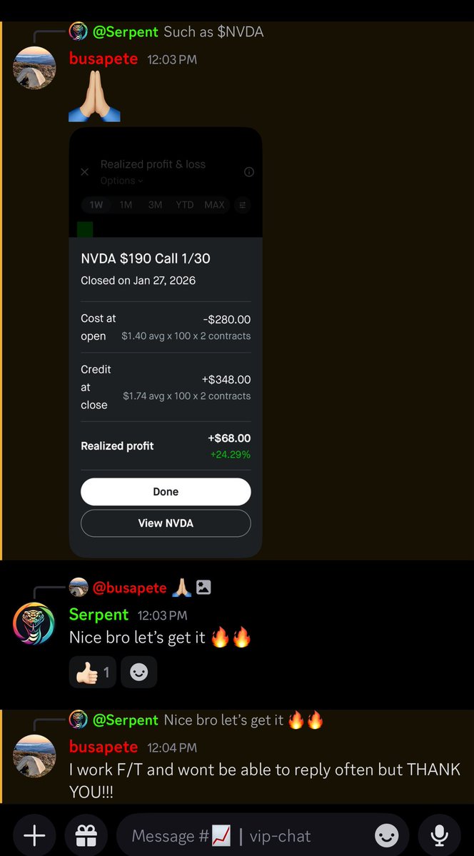 serpenttrades's tweet image. LIFE CHANGING DAY INSIDE SERPENT TRADING DISCORD SERVER

$NVDA 1.46 -&amp;gt; 2.93 ✅ 100%+ 
$SPY 0.32 -&amp;gt; 0.44 ✅ 50%

EXACT ENTRY + EXITS CALLED OUT &amp;amp; CHART SETUP WAS GIVEN DAY BEFORE

THIS IS WHY WE ARE THE #1 OPTIONS TRADING DISCORD 🌎🏆

whop.com/serpent-trading