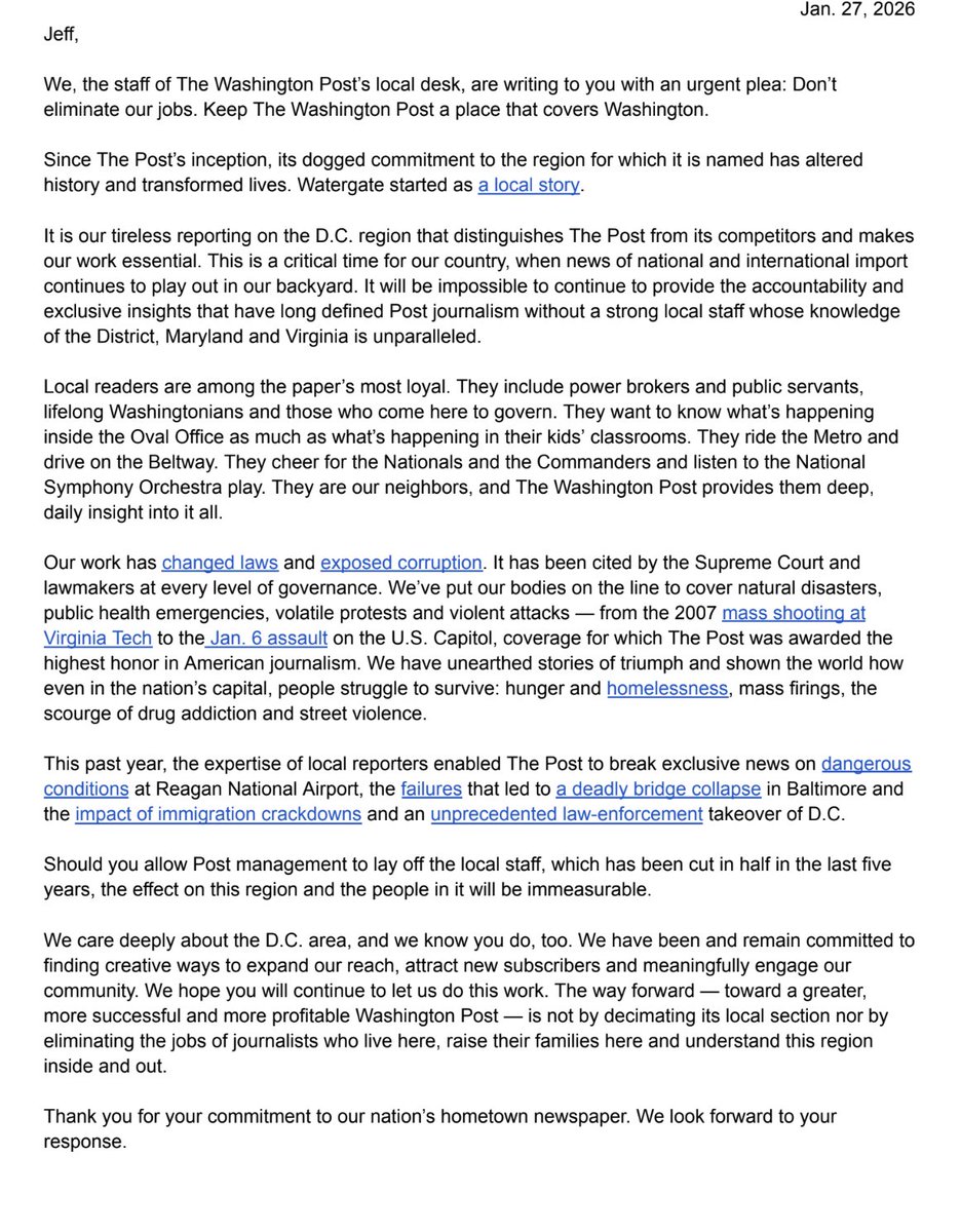 ErikWemple's tweet image. Staffers at the Washington Post’s local section have sent the letter below to owner Jeff Bezos. The request: “Don’t eliminate our jobs.”