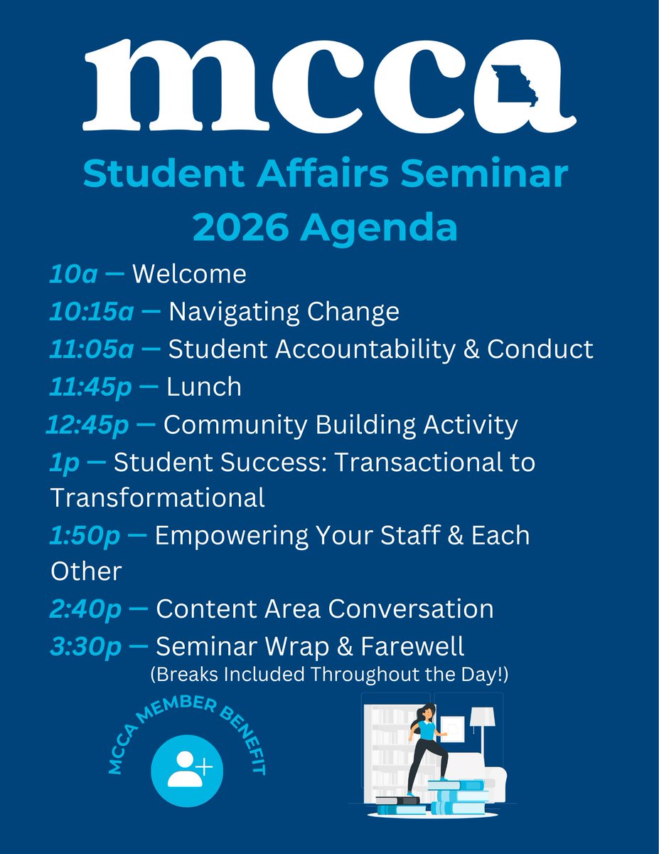 Student affairs staff, mark your calendars! 📅
MCCA 2026 Student Affairs Seminar • Feb. 20 • Stephens College, Columbia
Great agenda from East Central College's Sarah Leassner, real conversations, and it’s FREE.
Sign up: members.missouricolleges.org/ap/Events/Regi…