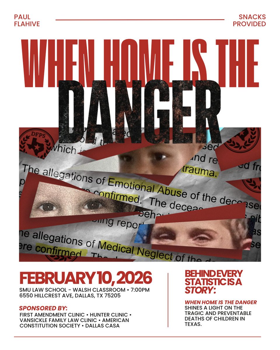 SMULawClinics's tweet photo. 📣 Join us Feb. 10 at 7 PM | Walsh Classroom @smulawschool for a guest talk with Paul Flahive, award-winning journalist, discussing his Pulitzer-funded investigation into systemic failures in the Texas child welfare system.
🔎 When Home Is the Danger → https://t.co/lzj44EFE4s https://t.co/U3t2tKgDfG