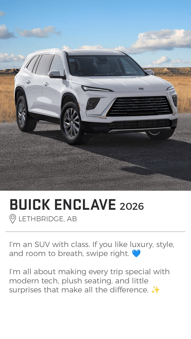 Take a commitment-free test drive with our new 2026 GMC Acadia or Buick Enclave. Plus, every test drive enters you for a chance to win some date-night prizes.

Browse your perfect matches: davisgm.ca/inventory/new/ 

#DavisGMCBuick #Lethbridge #Buick #GMC #NewSUV #Dealership