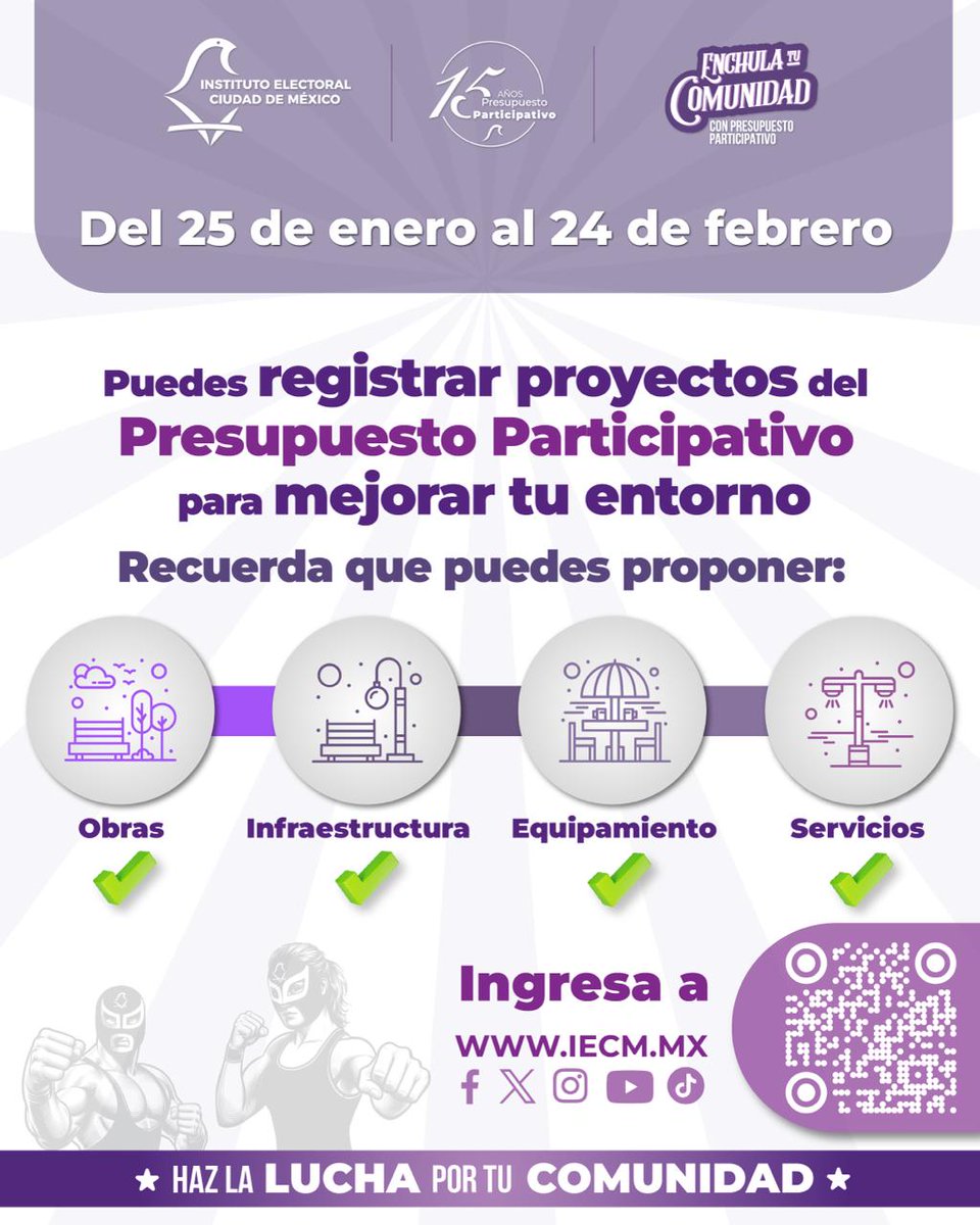 Del 25 de enero al 24 de febrero podrás registrar proyectos del Presupuesto Participativo para mejorar tu colonia o unidad habitacional. Propón obras, servicios, equipamiento o infraestructura y participa en las decisiones que transformarán tu comunidad