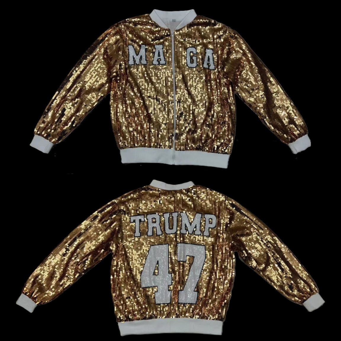 MallMaga's tweet image. Sparkle with purpose — Trump MAGA 47 Gold Sequin Jacket in gold, white &amp;amp; black sequins with satin lining. Available S/M and L/XL. $124.99. wix.to/o1QfWgF #MAGA #SequinJacket #TrumpMerch