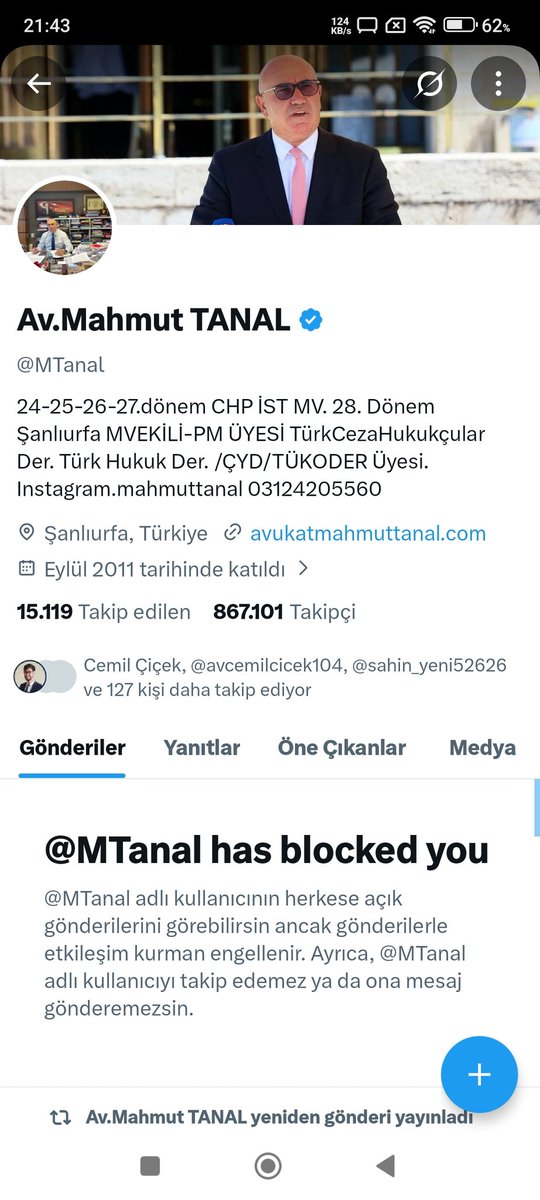 Bu <a href="/MTanal/">Av.Mahmut TANAL</a> Beni aylar önce engellemişti. Sempatizanları da esti gürledi, yağdı yağdırdı.
Şimdi ise söyledikleri bunlarmış:

"Kimlik üzerinden saldırmak, hakaret etmek, iftira atmak siyaset değildir.

Bu; çaresizliktir, korkudur, tükenmişliktir.

Terör iftirası atmak, insanları