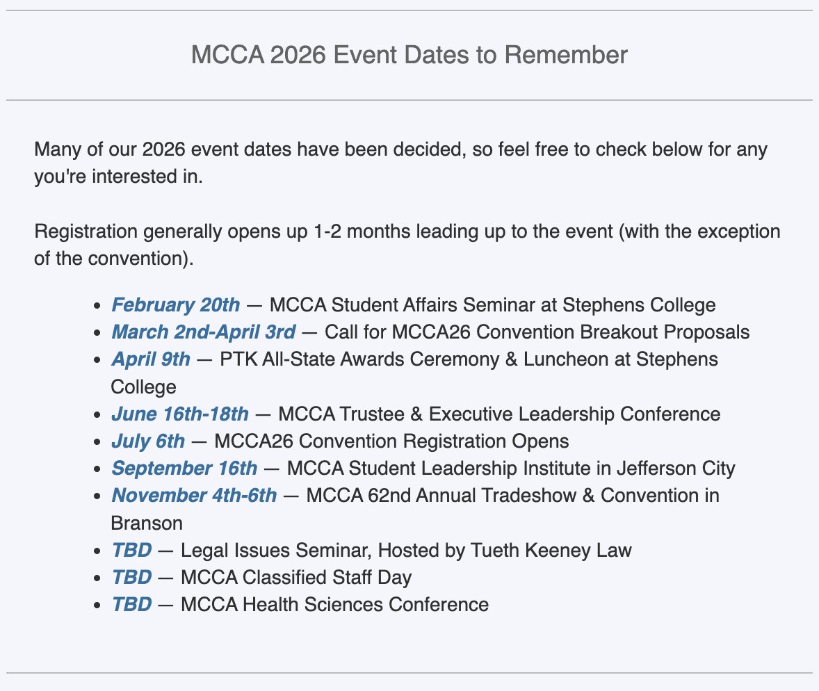 📅 MCCA 2026 Dates to Remember
Several 2026 event dates are set. Mark your calendar and stay tuned — registration typically opens 1–2 months ahead. #MCCA