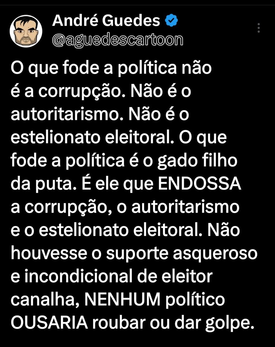 Os defensores do Lula e do Bolsonaro, e de quem resolveu imitar a estupidez deles, invocam para si virtudes.

Na realidade, como bem definiu aqui o <a href="/aguedescartoon/">André Guedes 🇺🇦</a>, ELES SÃO O NOSSO MAIOR PROBLEMA.