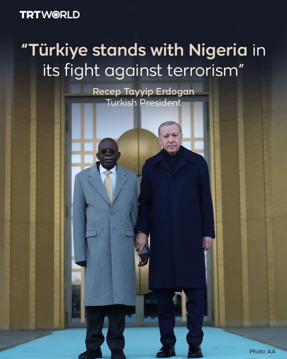 abdullahayofel's tweet image. TINUBU MEETS ERDOGAN

Türkiye pledges support for Nigeria's fight against terrorism, with Ankara and Abuja reviewing closer cooperation in military training and intelligence during Nigerian President Bola Ahmed Tinubu's visit.

What I love about this picture is the classy suit…