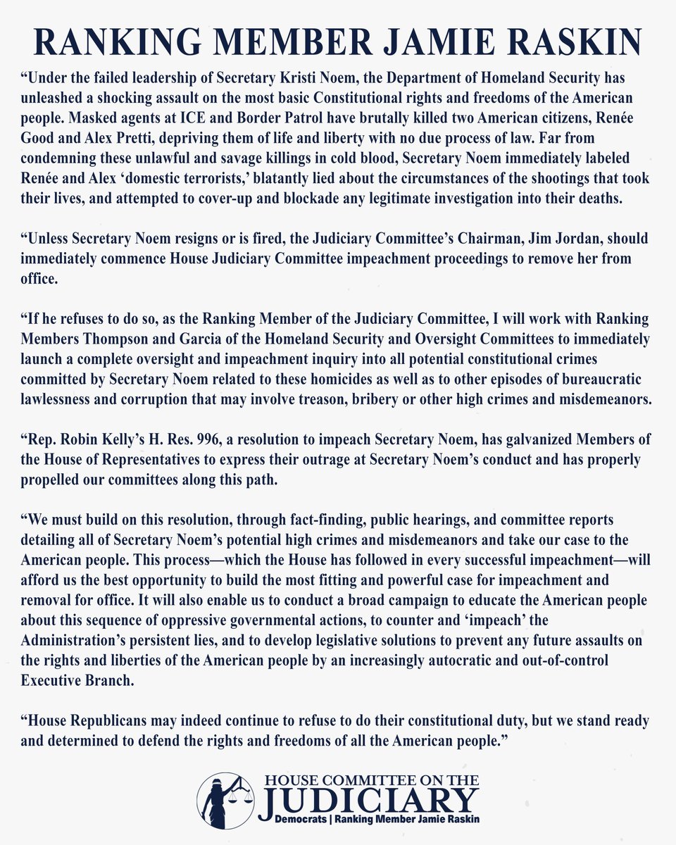 NEWS: RM <a href="/RepRaskin/">Rep. Jamie Raskin</a>’s statement on the impeachment of DHS Secretary Kristi Noem: