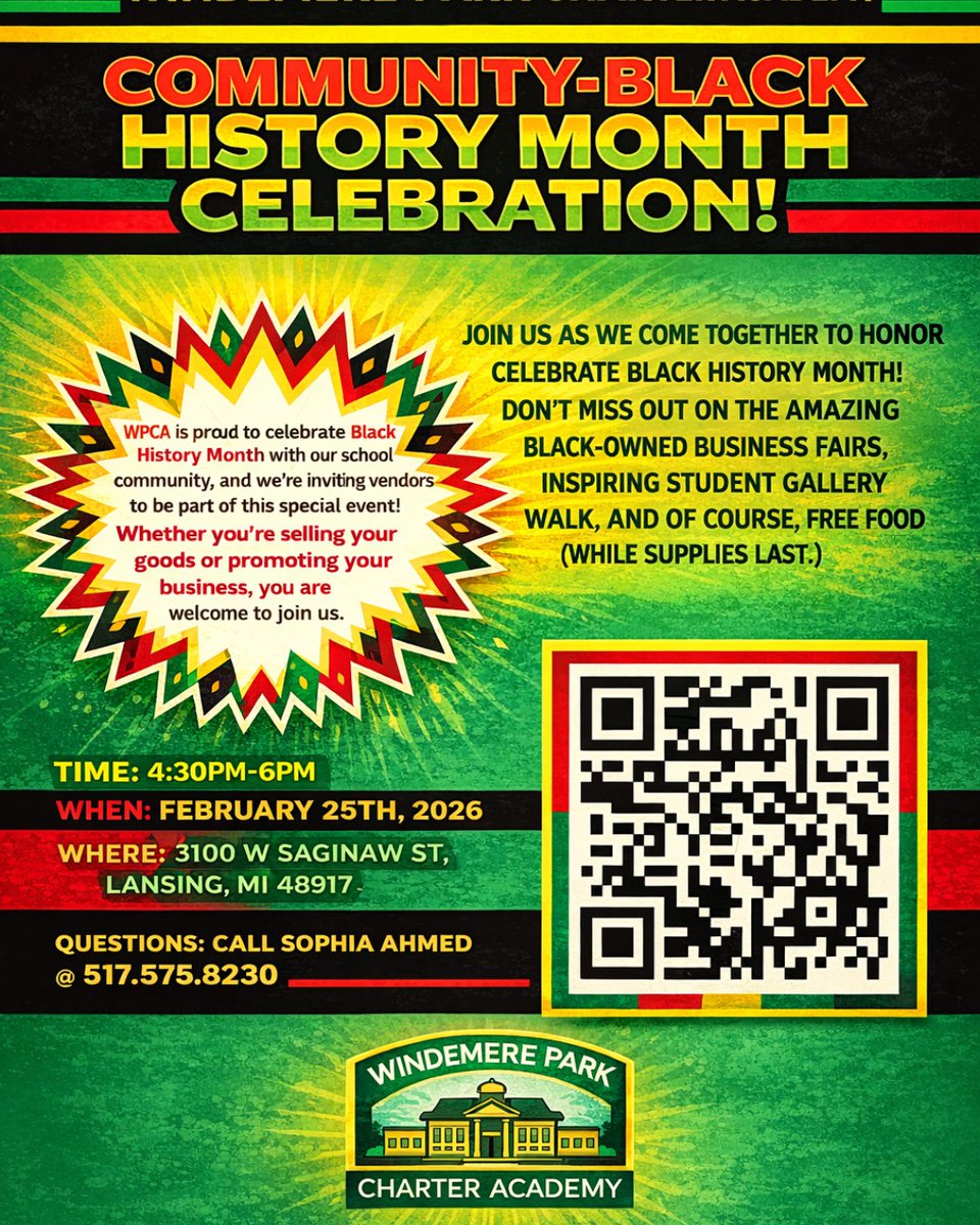 WindemereParkCA's tweet image. WPCA Families, join us for our *Black History Month Celebration* as we honor Black culture and achievements. Enjoy student displays, vendors, and free food while supplies last. **Vendors must complete this form to reserve a space:** [forms.gle/mqwWSdtyKRn6oJ…]
##BHM #WPCA