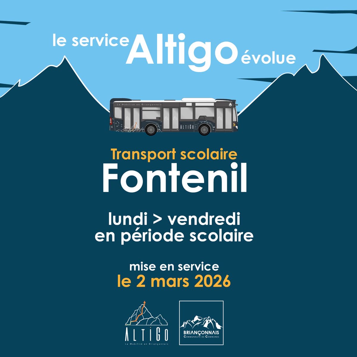 Le service Altigo évolue 🚏🚌🏔️
➡️ Une nouvelle ligne (ligne 8) pour desservir le Parc des Sports de Briançon dès février 
➡️ Desserte du Fontenil par le transport scolaire dès mars