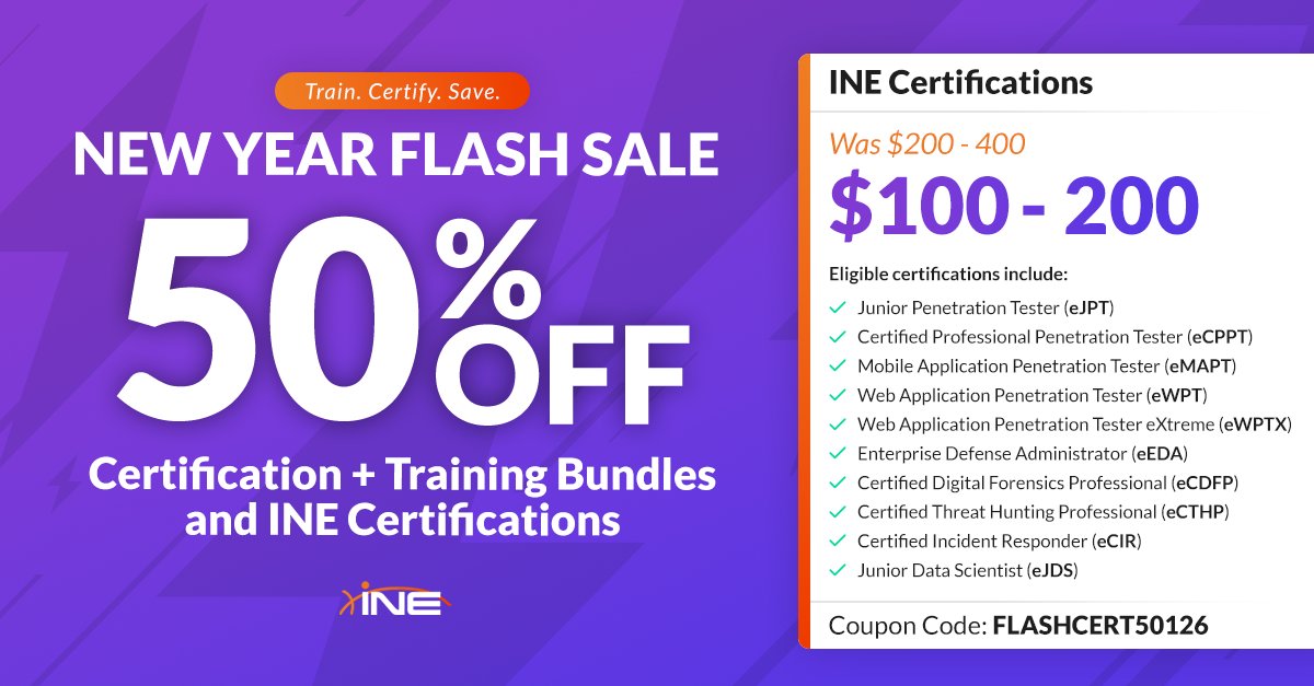 SecurityTube's tweet photo. INE Certifications are 50% off π
Turn your prep into an official credential today.
Use code FLASHCERT50126 π https://t.co/4jftvdnz8H
Open to new and existing subscribers. Hands on certs built for real world skills.
#CyberSecurityCertifications #CyberCareers #INE https://t.co/x7mWk8GPkw