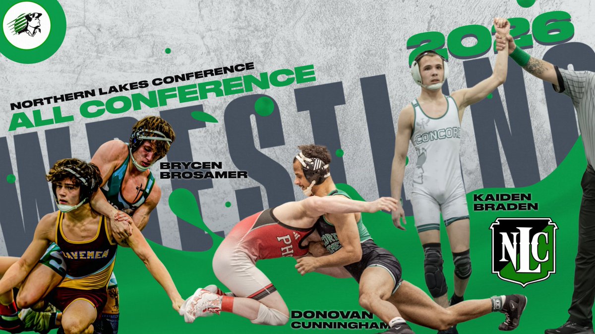 Congratulations to Kaiden Braden, Brycen Brosamer, and Donovan Cunningham for being named to the 2025-26 Northern Lakes Conference Boys Wrestling All Conference Team!  concordhsathletics.com/Article/115057