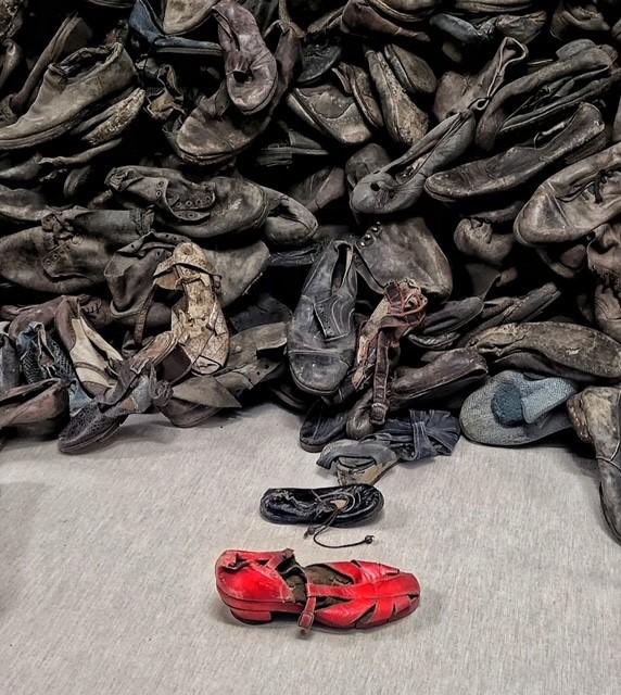 Quel sandalo rosso. In mezzo a scarponi chiodati, scarpe da fango e da neve, calzature pensate per resistere al freddo e alla guerra. Quel sandalo no. È leggero. È estivo. È fuori posto.

Quel sandalo rosso è l’unica estate di Auschwitz. Non appartiene all’inverno dell’Europa