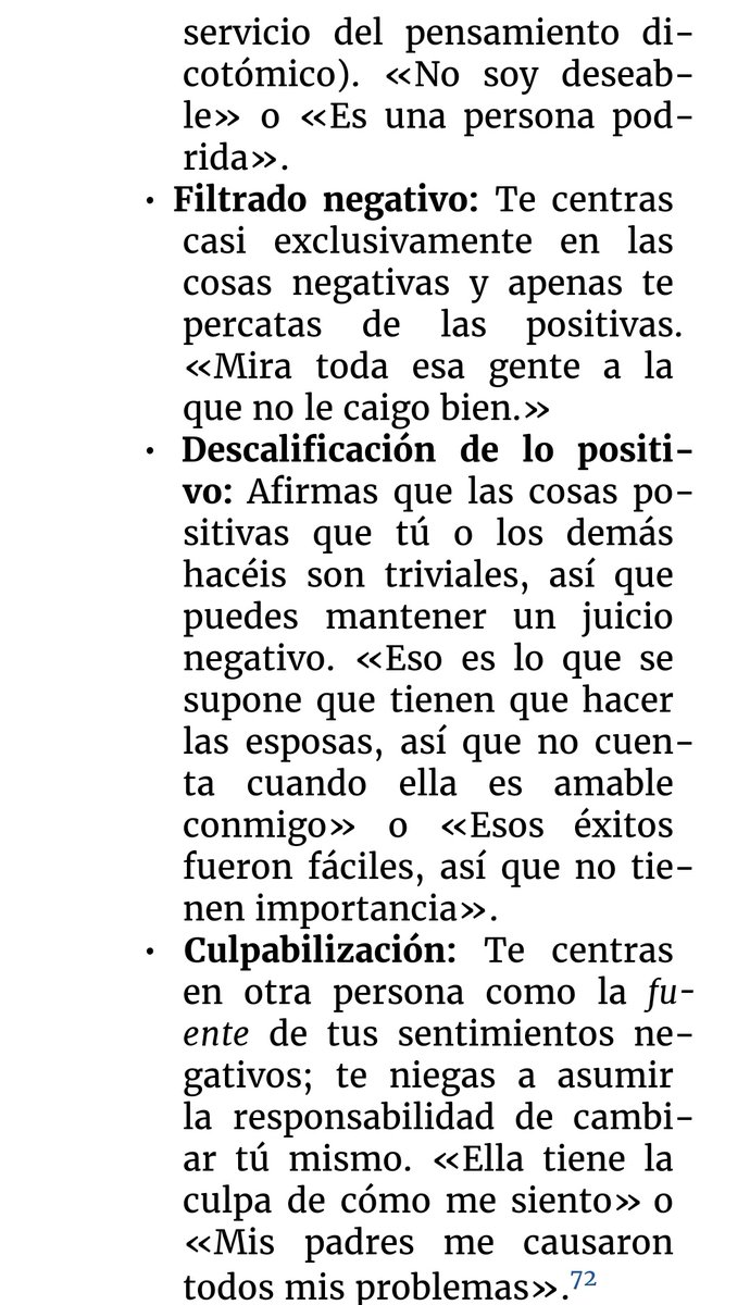 Ejemplos de distorsiones cognitivas en la depresión. Tan real que duele reconocerse.

PD: De «La transformación de la mente moderna» de Greg Lukianoff y Jonathan Haidt.