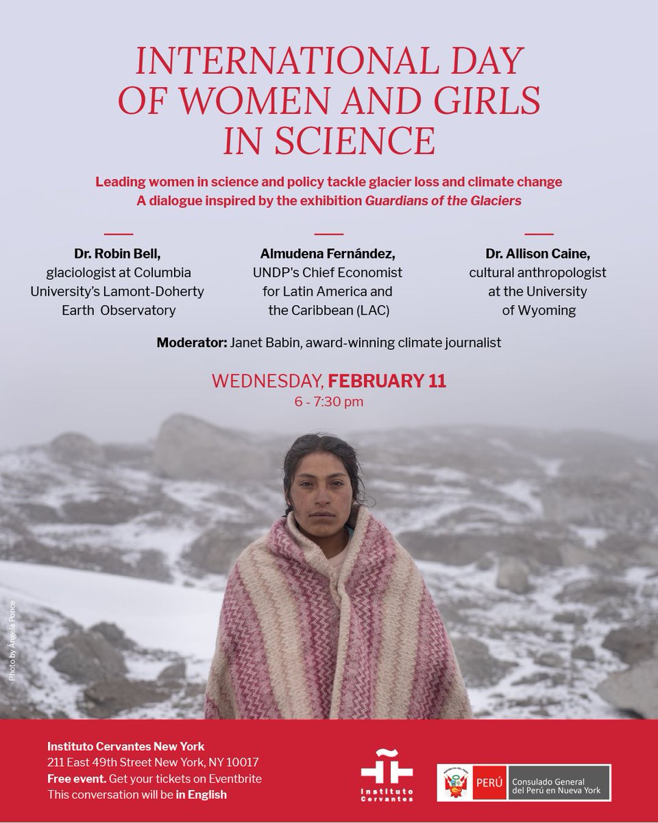 GlacierHub's tweet photo. Celebrate International Day of Women and Girls in Science by attending this panel on glaciers and climate change! Come hear leading female researchers, policy experts, and scientists at the Cervantes Institute. Reserve your spot now: https://t.co/jLlzSbEi7C https://t.co/u5QfZc4ZLw