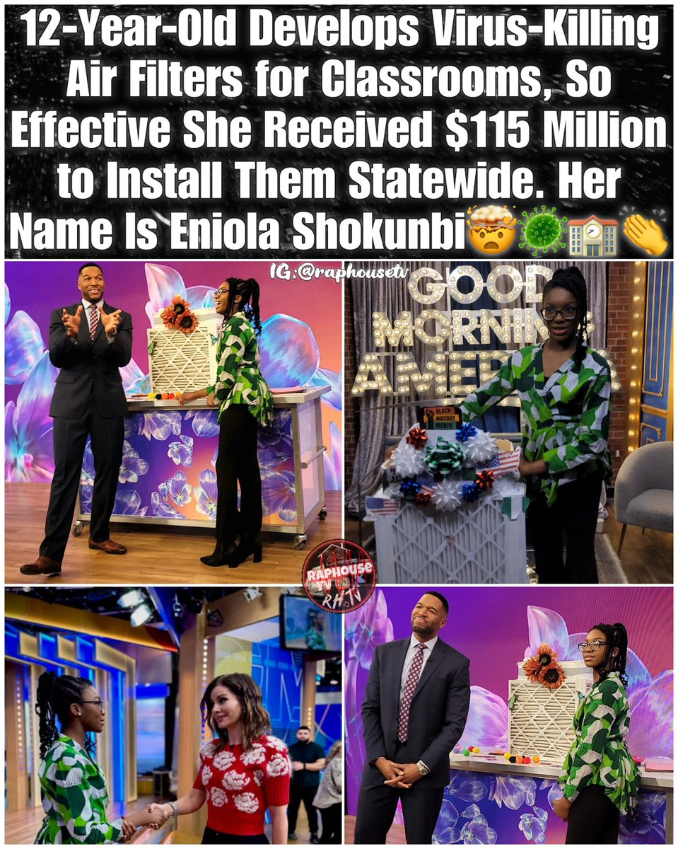 raphousetv2's tweet image. 12-Year-Old Develops Virus-Killing Air Filters for Classrooms, So Effective She Received $115 Million to Install Them Statewide. Her Name Is Eniola Shokunbi 💡🦠🏫👏