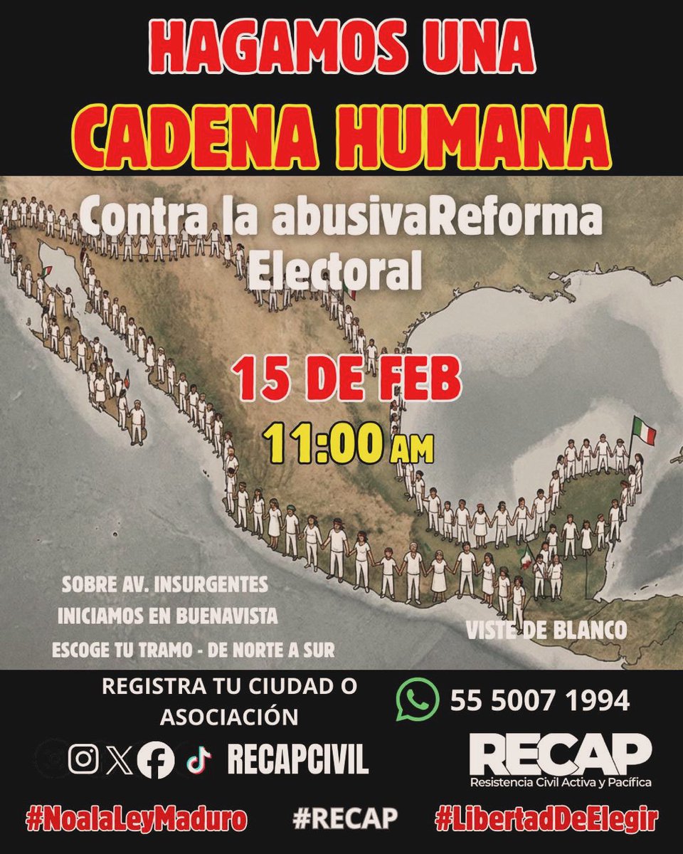 RolandoASolisO's tweet image. *¡PARTICIPA EN LA CADENA HUMANA!*
*DEFENDAMOS LA DEMOCRACIA ANTE EL ATAQUE SISTEMÁTICO DE MORENA Y SU GOBIERNO*.
*NADA QUE PROVENGA DE ELLOS PUEDE SER SANO O BENÉFICO, TODO LO PLANEAN PARA ALGO PERVERSO*.

*️⃣ El 15 de febrero a las 11:00 A.M. tomamos Av. Insurgentes, de…
