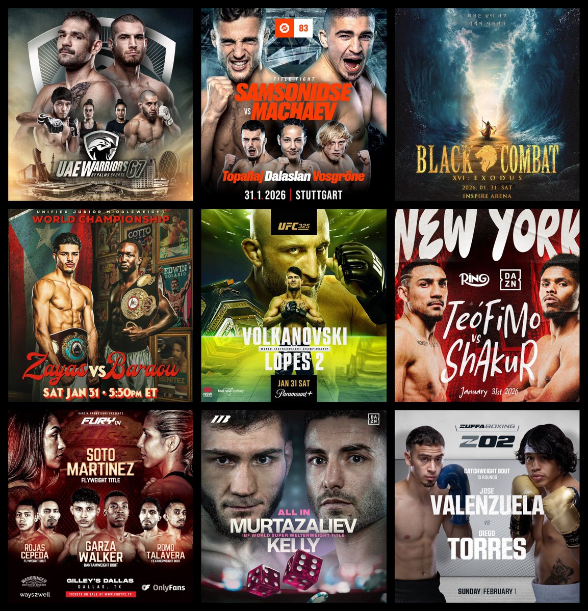 Live Combat Sport Schedule: 1/28 - 2/1

Complete schedule w/ fight cards, PPV &amp; free live streams HERE: 
▶️grabakahitman.com/2026/01/27/liv…

#UFC325 #LopezStevenson #ZayasBaraou #MurtazalievKelly #OKTAGON83 #FuryFC114 #ZuffaBoxing #UAEWarriors67 #BlackCombat #KRUSH #ARES38 #A1Combat #DBX5