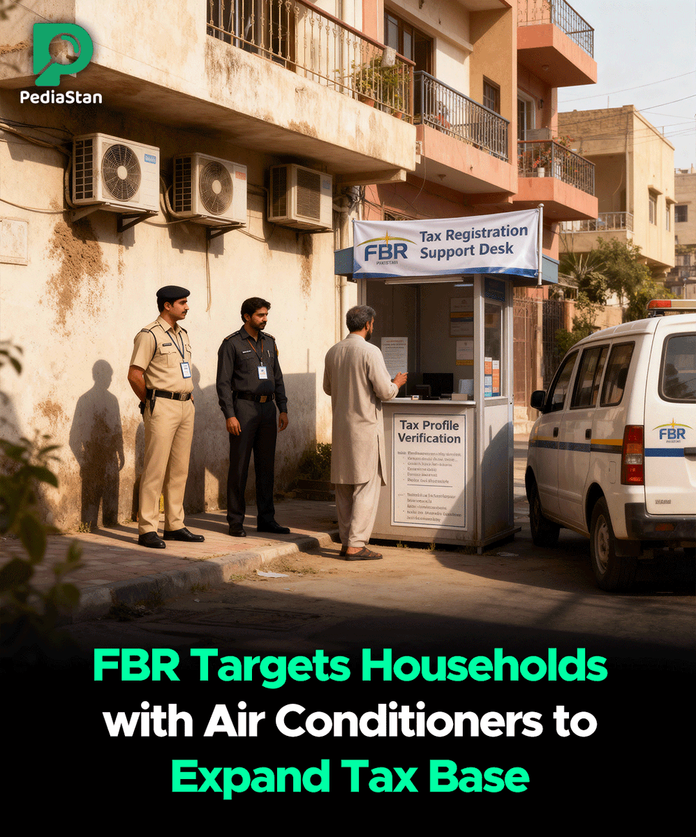 Pediastan's tweet image. Federal Board of Revenue plans to identify households using air conditioners to broaden the tax base. Officials say electricity usage data will help detect potential taxpayers.

#FBR #TaxBase #RevenueDrive #PakistanEconomy #FiscalReforms #TaxPolicy #Pediastan