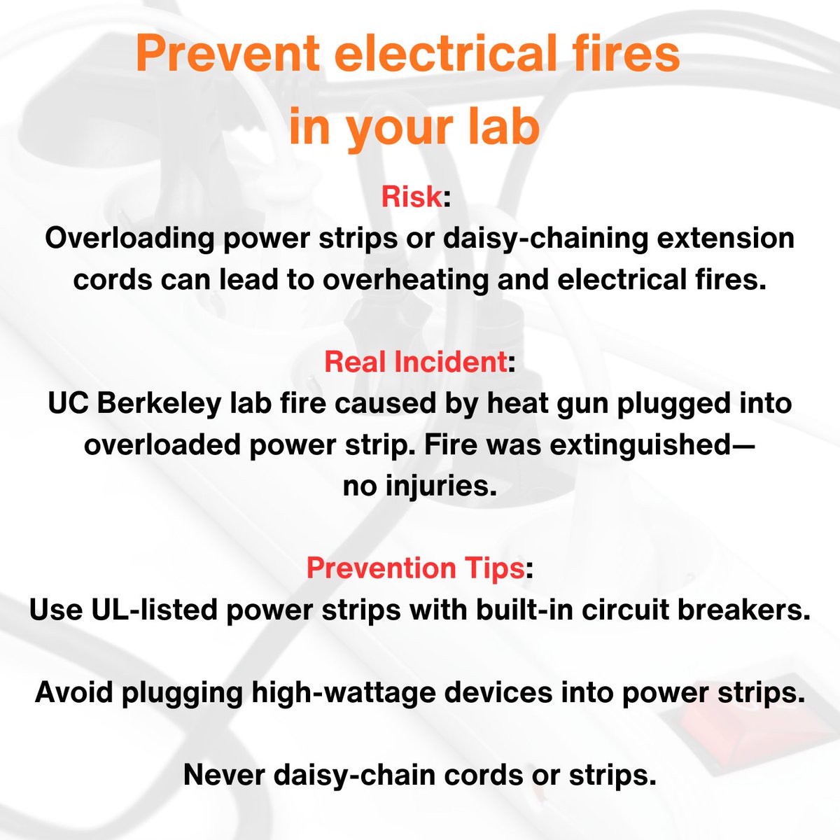 This week’s Safety &amp; Sustainability Scoop focuses on a key item we look for during our lab inspections: preventing electrical fires. Even small issues can create serious hazards if left unaddressed.
Check your equipment setup to help keep our labs safe, efficient, and compliant.