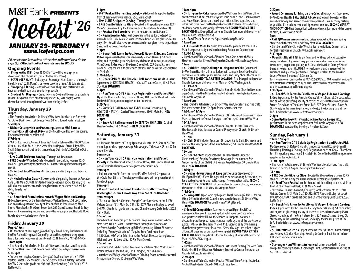 Here is the full IceFest schedule.  There have been some changes-the Horse-Drawn Carriage rides have been canceled.  Please check our website, icefestpa.com, for the most up-to-date info.