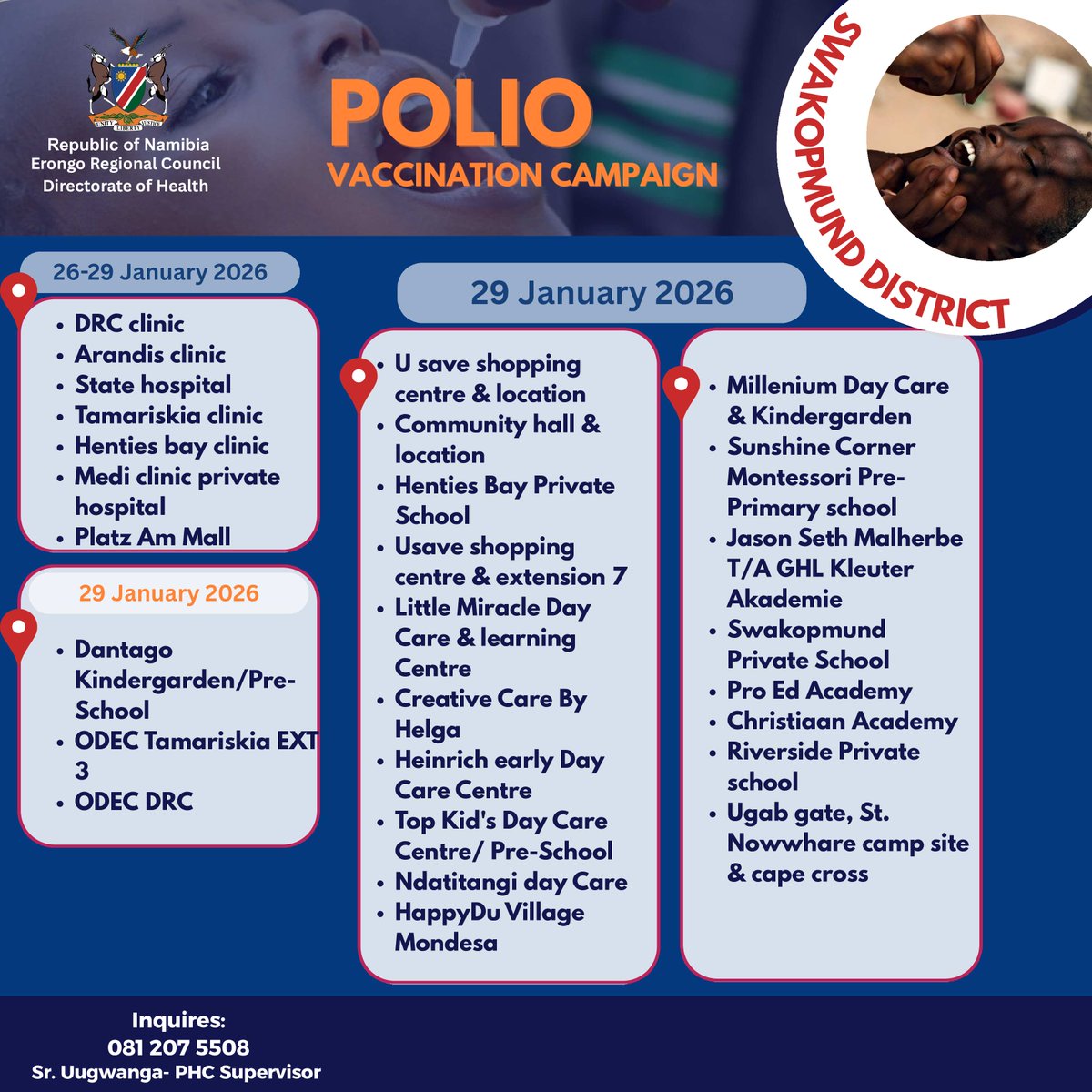 Let’s work together to keep our children safe and polio-free. Vaccination is free and saves lives.
For enquiries: 081 207 5508 (Sr. Uugwanga – PHC Supervisor).
#ErongoRegionalCouncil #PolioVaccination #OneRegionOneVision