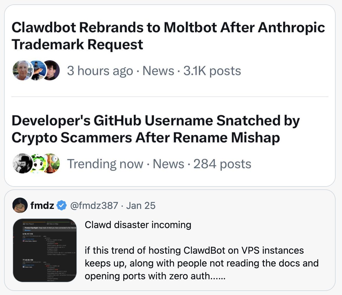 be clawdbot > absolutely dominate the TL on monday > 60k stars, fastest  growing github project > researchers uncover thousands of servers exposed  to the public > anthropic pulls the ban