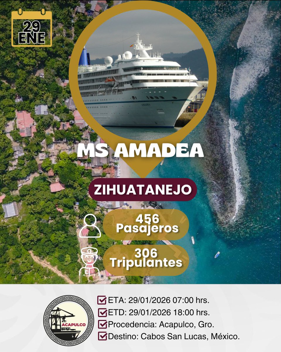 PuertoAca's tweet photo. 🚢 ASIPONA Acapulco realizó reunión pre-arribo para recibir al MS AMADEA. Arriba 28 de enero 2026, 12:00 hrs, con 456 pasajeros; zarpa 20:00 hrs rumbo a Zihuatanejo y Cabo San Lucas. Turismo y proyección internacional. #ASIPONAAcapulco #MSAMADEA #Cruceros2026 #PuertosDeGuerrero https://t.co/IH6XrZ9R9A