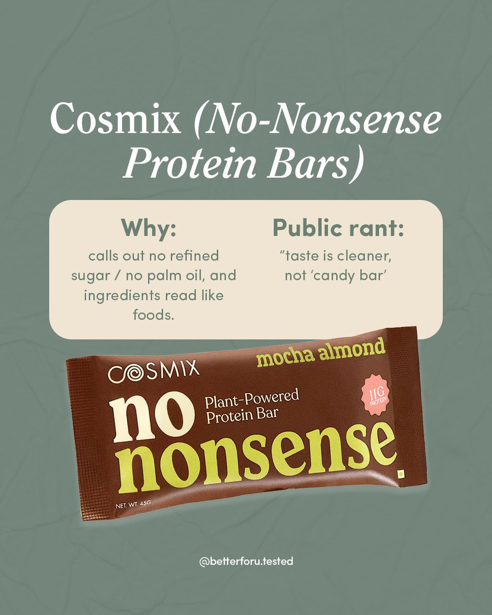 BetterforuTestd's tweet photo. These brands tend to focus more on readable ingredient lists and less on candy-style engineering.

What they do better:

✅ Dates, nuts, or simple sweet sources.
✅ Fewer sugar alcohols.
✅ Less reliance on palm fats.
✅ Labels that read like food. https://t.co/DytOMsdotd
