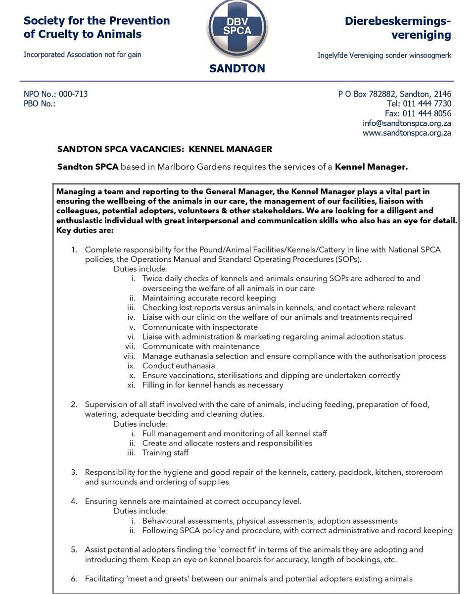 yuthconnect's tweet photo. 📌Sandton SPCA
Job Alert! #ManagerJobs #kennel
If you want to be part of our journey then please email: accounts@sandtonspca.org.za before Friday 6th February 2026 https://t.co/kaIfPuSEW0