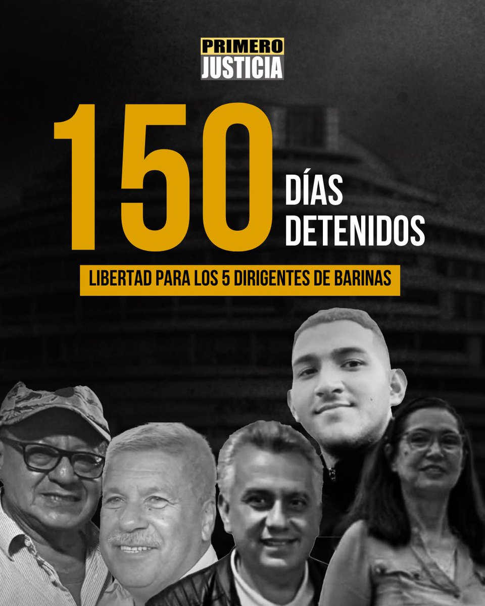 Se cumplen 150 días de la detención de los cinco dirigentes de Barinas. 

Ysaira, Machin, José, Junior y Miguel esperan reencontrarse con sus familias y seres queridos lo antes posible.

Libertad para ellos y para todos los presos políticos, civiles y militares. 

Basta de