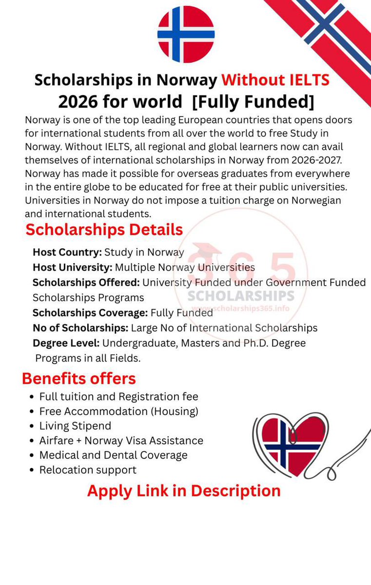 scholarship_365's tweet photo. Study in Norway on Scholarships Without IELTS 2026? Without IELTS, all regional and global learners now can avail themselves of international scholarships in Norway from 2026-2027. 

Norway is one of the top leading European countries that opens doors for international students from all over the world to free Study in Norway. 

These comprehensive Norway scholarships typically cover tuition, living expenses, and travel, opening doors for undergraduate, master's, and PhD candidates.

No Agent - Direct Apply

👉Apply Link: https://t.co/hRrMRozSsd

Good Luck!

Deadline: Multiple Deadlines

#scholarships365 #study_in_norway #StudyInNorway #norway_scholarships #study_abroad_scholarship #studyabroad #scholarships #scholarship