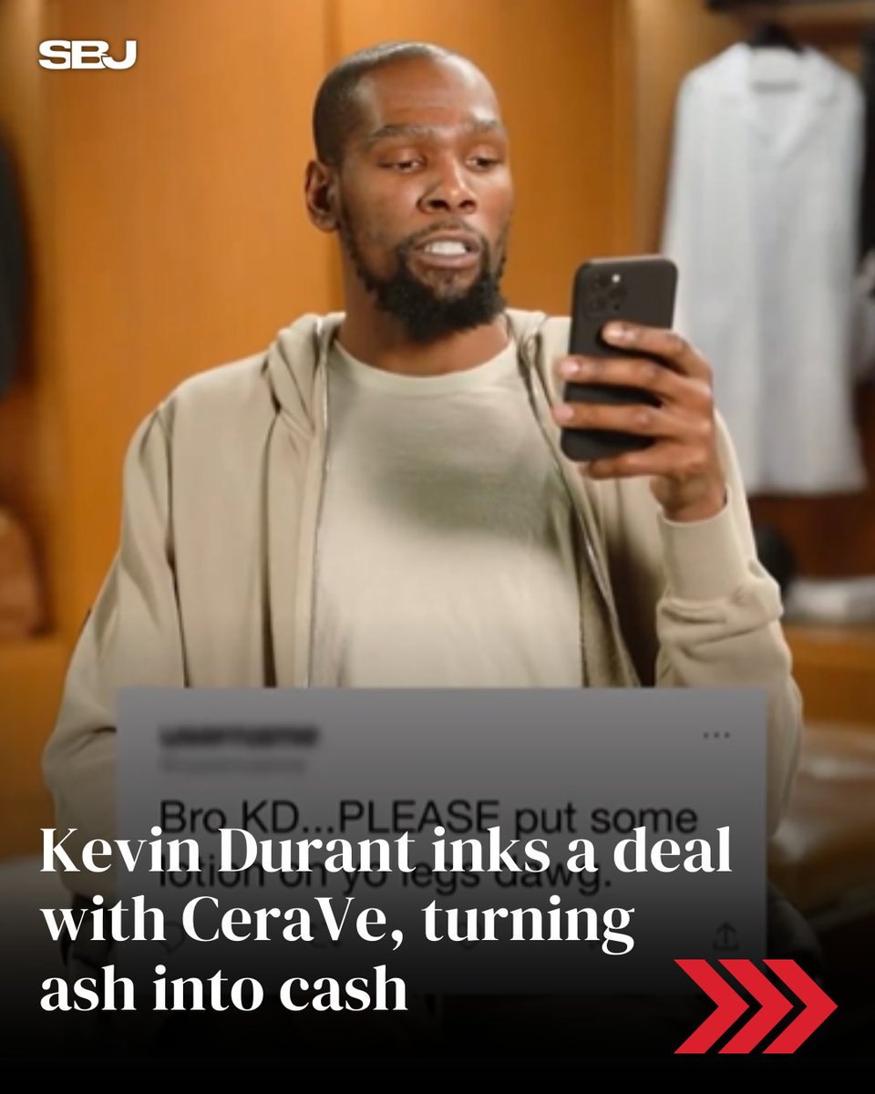 SBJ's tweet photo. Kevin Durant’s latest endorsement deal is a masterclass in owning the narrative 😂

After years of fans roasting him for a viral photo of him having ashy legs during a game, @KDTrey5 flips the script by signing with @cerave 🧴

From internet jokes to brand checks — KD officially turned ash into cash 💰