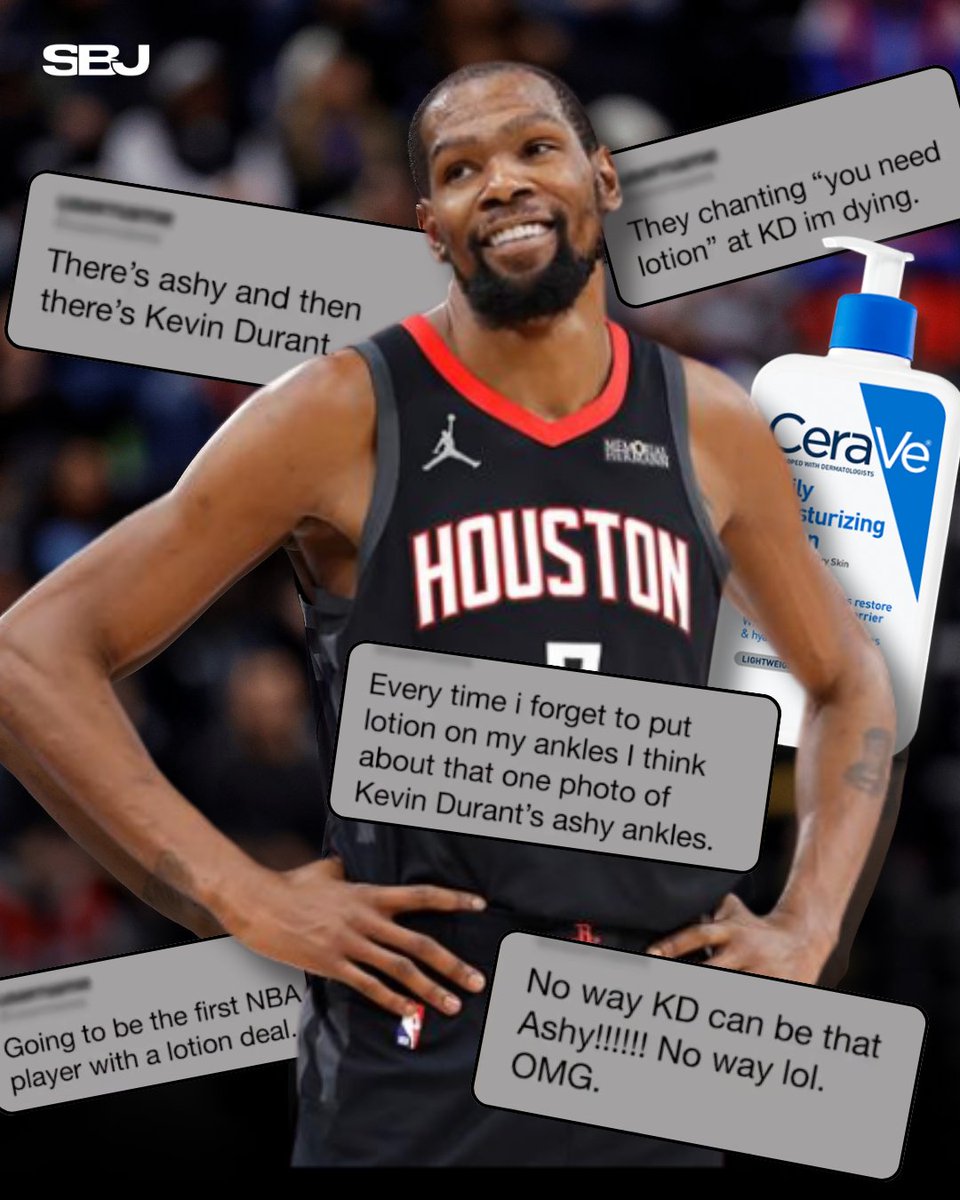 SBJ's tweet photo. Kevin Durant’s latest endorsement deal is a masterclass in owning the narrative 😂

After years of fans roasting him for a viral photo of him having ashy legs during a game, @KDTrey5 flips the script by signing with @cerave 🧴

From internet jokes to brand checks — KD officially turned ash into cash 💰