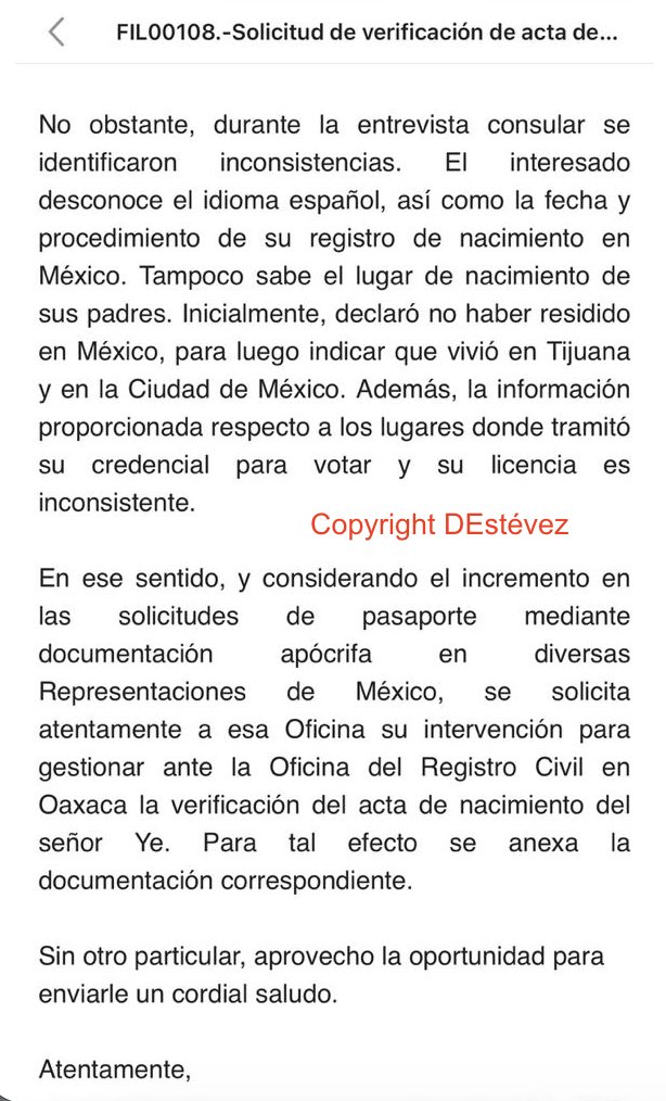 ⚠️Epidemia de actas de nacimiento apócrifas llega a  Filipinas. El embajador de México en ese país Hernández Joseph, pidió verificación del acta mexicana de JIALIN YE, nacido en China, que se presentó a pedir "pasaporte mexicano ordinario de urgencia”. Fue emitida en Tehuantepec.