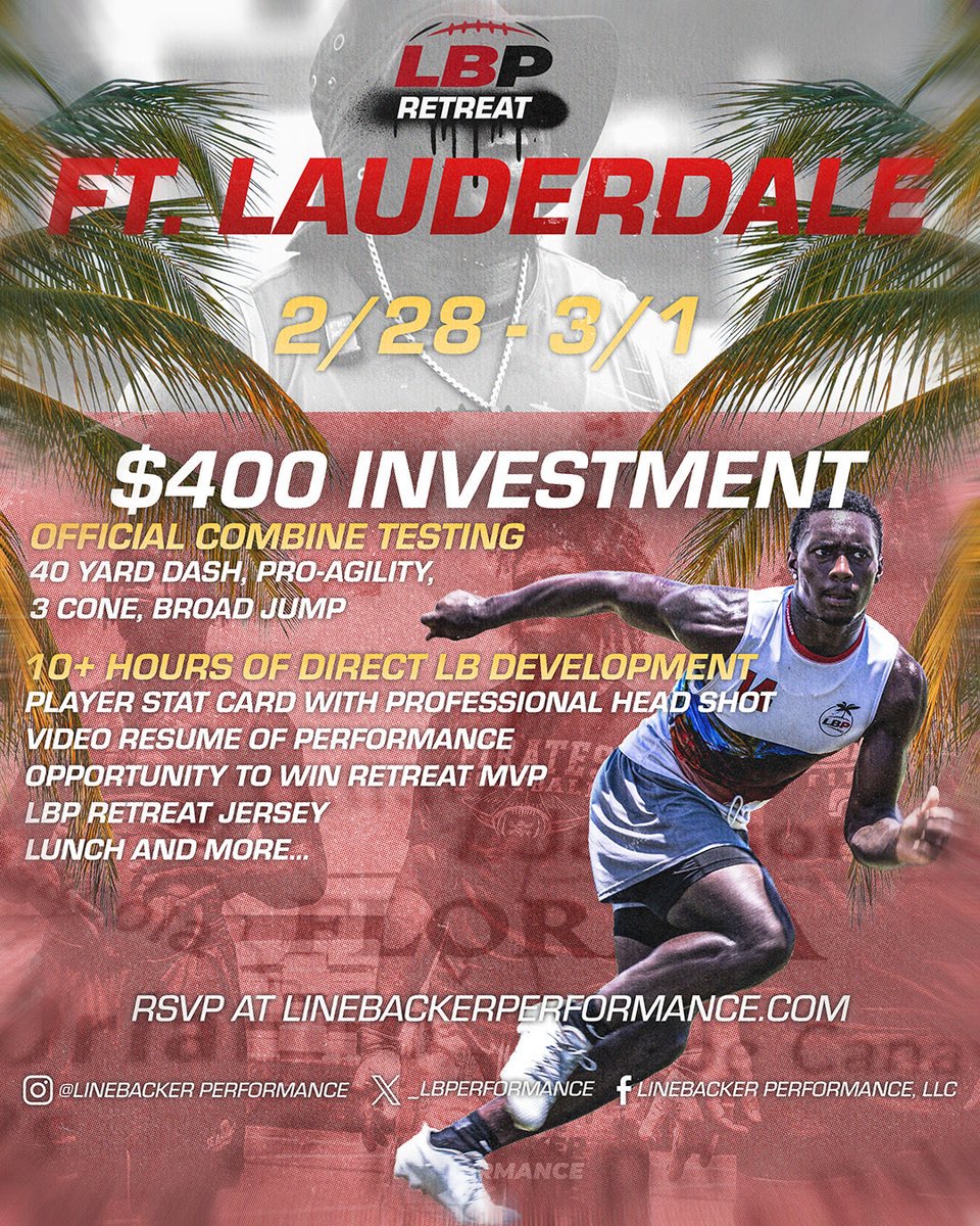 _CoachHodge's tweet image. 🚨🚨Registration is officially open 🚨🚨

We kickoff our 2026 Retreat season in Ft. Lauderdale, FL! This event is an all-inclusive experience with a 5-1 player to coach ratio. Limited spots available… #LockIn #LoadUp #LBPretreat2026 #LinebackerPerformance #WeDevelop